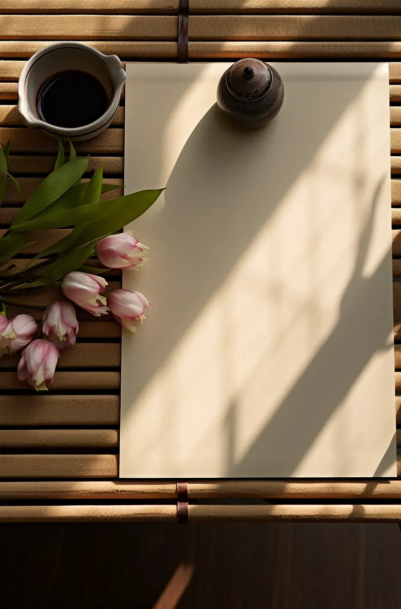 桌子上摆放的荷花与空白宣纸