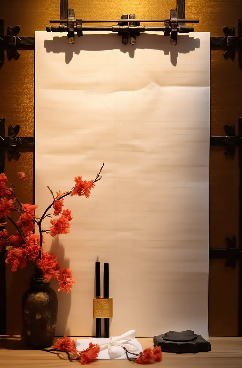 桌子上摆放的空白宣纸与毛笔