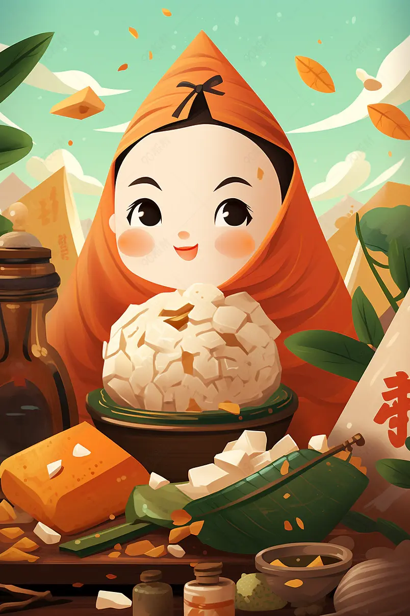 五月初五端午节吃粽子插画