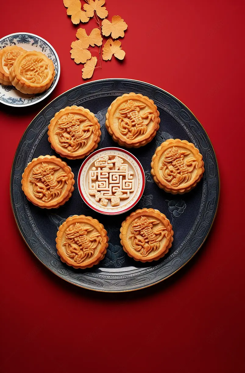 月饼与茶摆放设计,红色背景,大月饼
