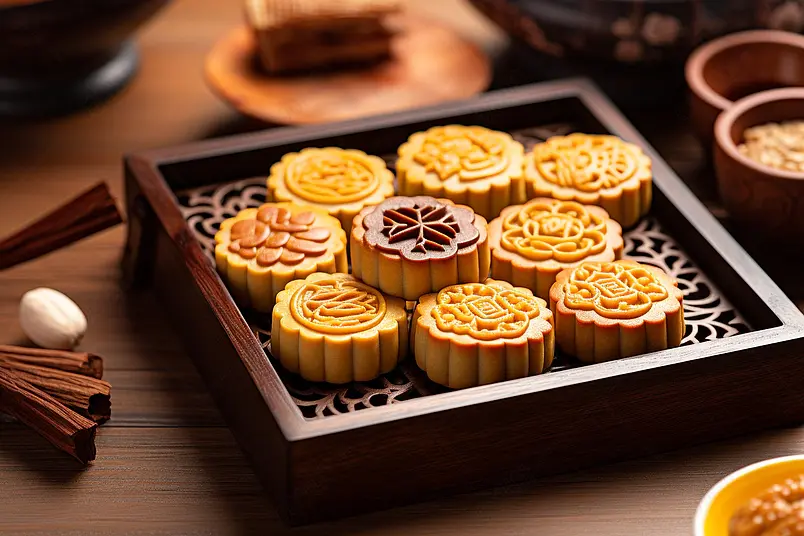 木盒里的中秋节月饼高清特写摄影图