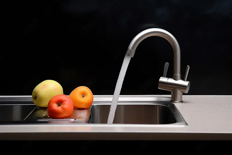 简约厨房水槽打开的水龙头不锈钢工艺设计