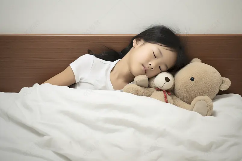 在床头靠着毛绒玩具的可爱小女孩