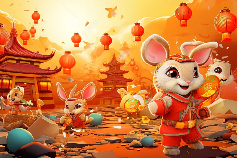  新年元旦庆兔年国潮手绘插画