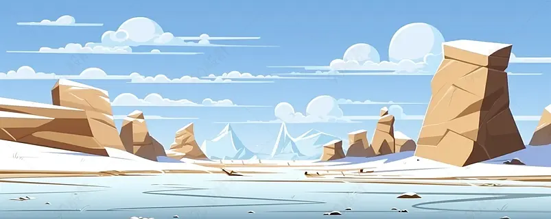 岩石峭壁。白雪皑皑的沙漠。沙漠自然景观用石头。插图在卡通风格的平面设计。水平组合。向量