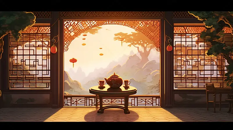古风房屋室内雕花镂空大门门外风景