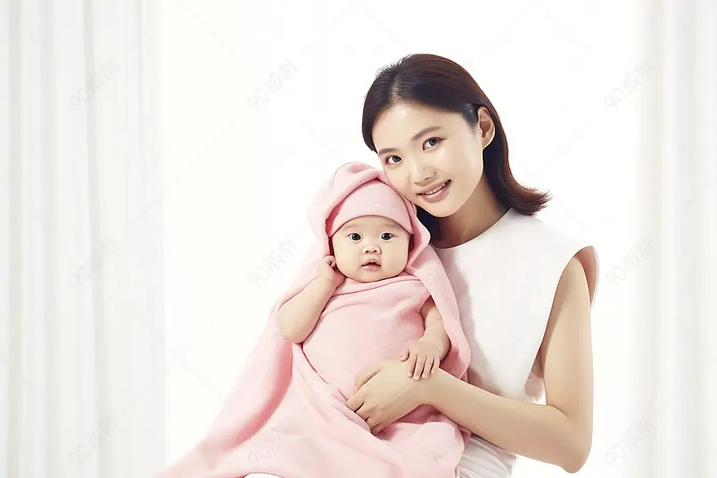 年轻妈妈给宝宝披上浴巾模特实拍