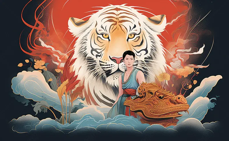 中华文化之功夫武术威猛白虎国潮插画