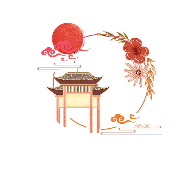 国潮牌坊花太阳祥云装饰背景装饰图