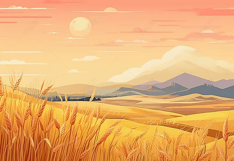 芒种，线条风，国潮风，秋天，金色，金秋，秋天，稻谷，小麦