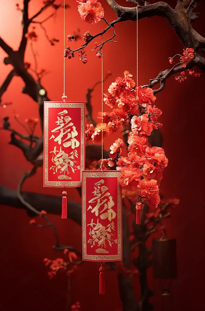悬挂在梅花下面的红包