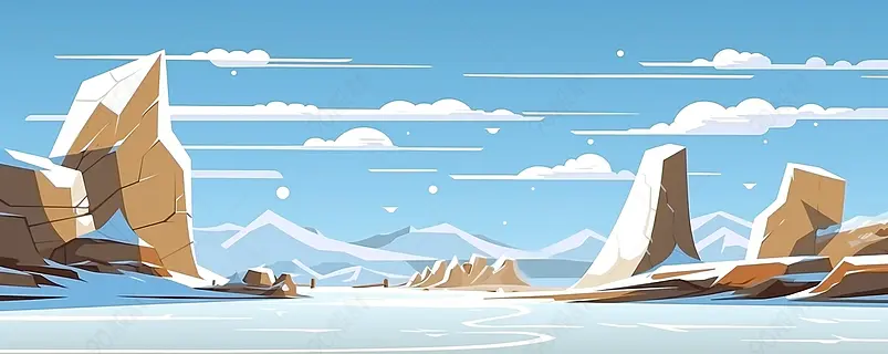 岩石峭壁。白雪皑皑的沙漠。沙漠自然景观用石头。插图在卡通风格的平面设计。水平组合。向量