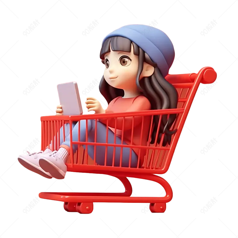 卡通女孩与购物车手推车3D渲染元素
