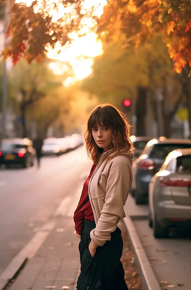 妇女站在路边和汽车