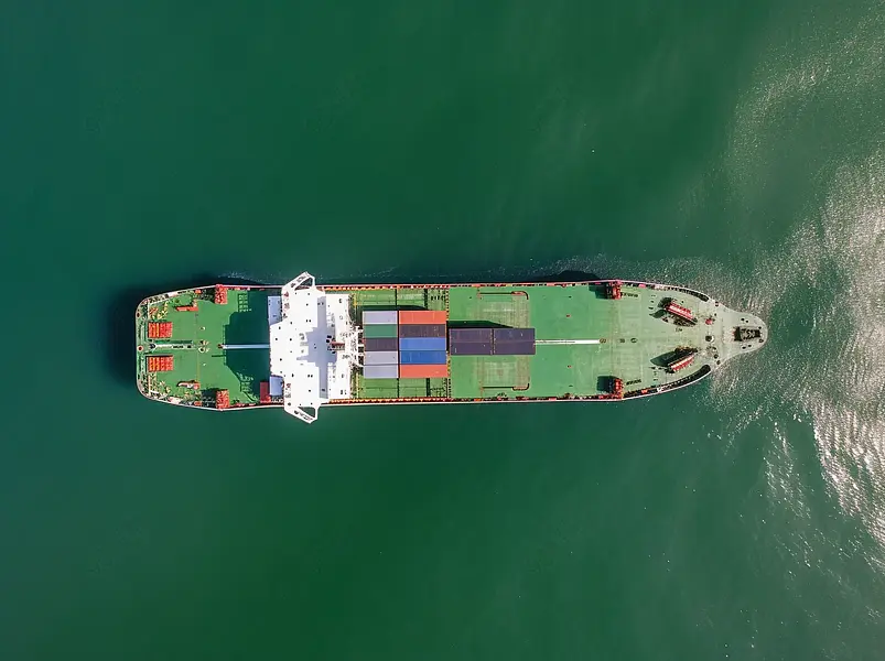 高空俯瞰散货船进出口物流在海上高速航关于进出口业务，国际集装箱货运船舶运输物流