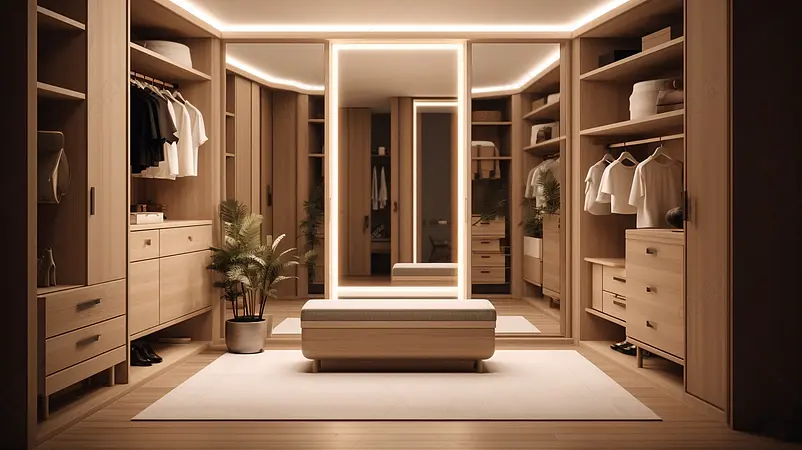 暖白色的灯光下明亮的木制品的衣帽间裤子衣服