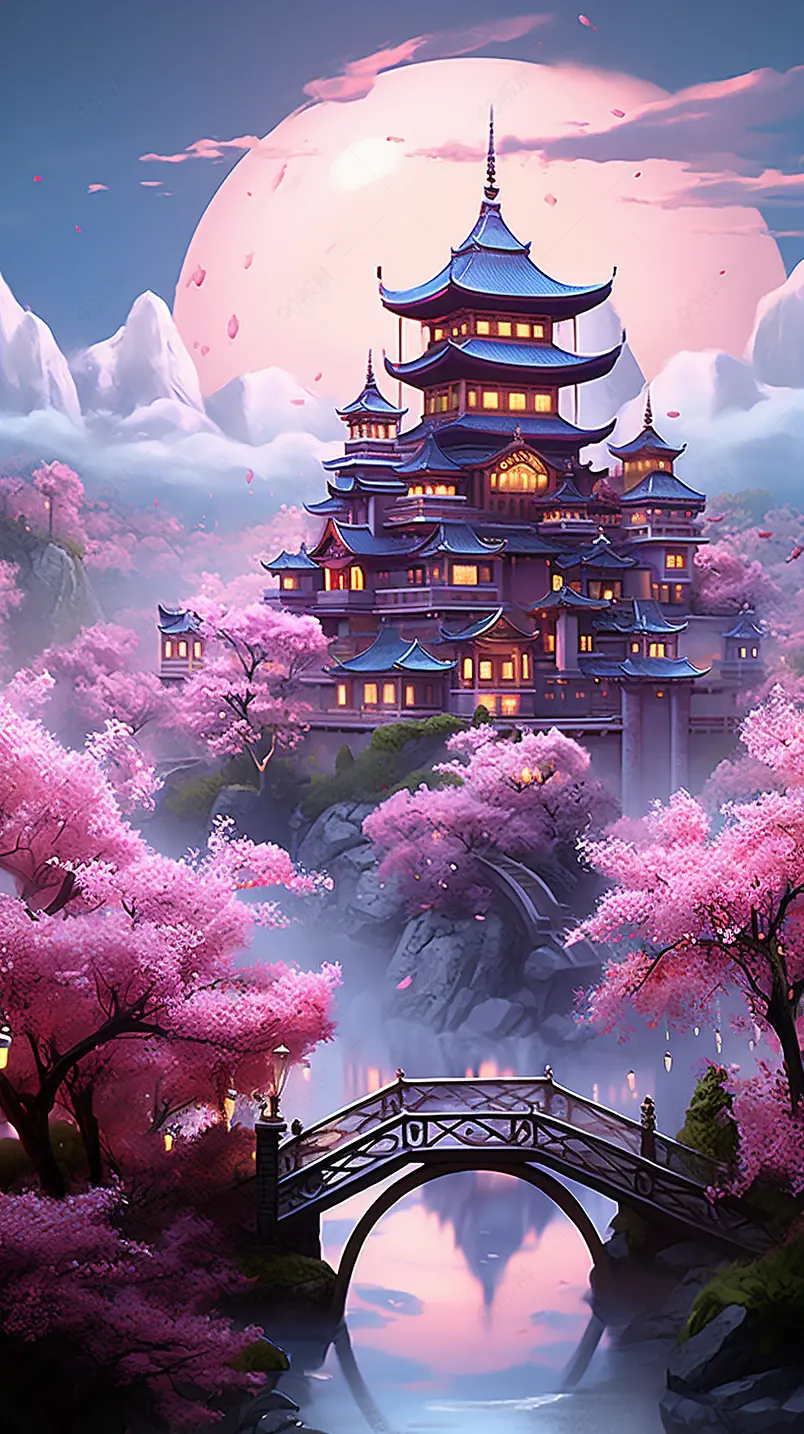 樱花包围的宫殿数字艺术
