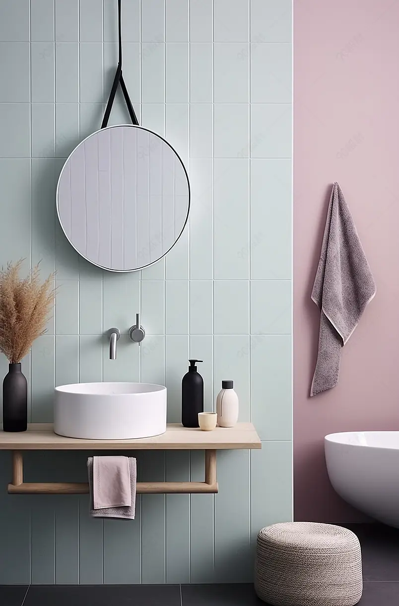 梳妆台与台面盆和圆镜子在粉彩墙