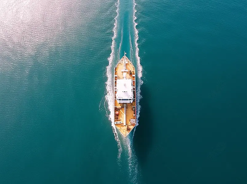 蓝色大海游船浪花俯视图实拍图