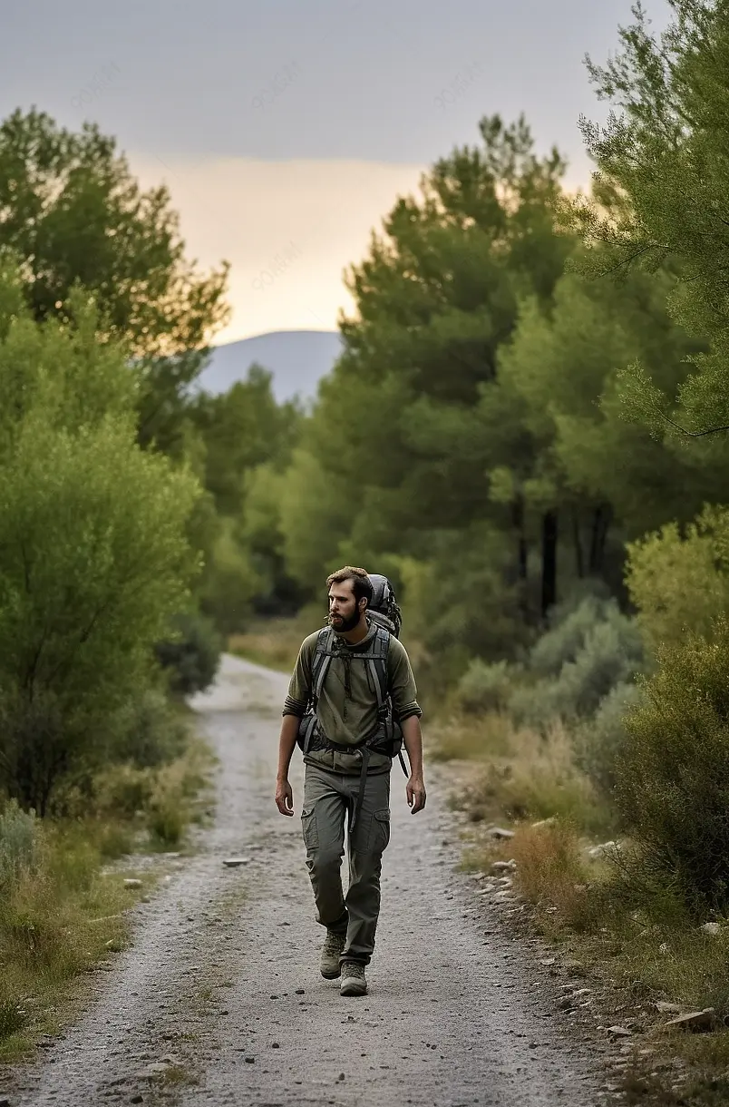 年轻的探险家公园护林员穿着绿色迷彩服和背包走在山林小路上