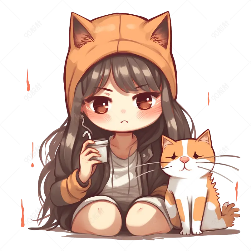 卡通可爱小女孩吸猫宠物插画手绘