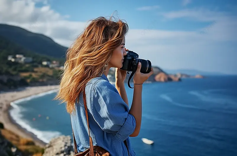 女人是一个专业的摄影师与单反相机