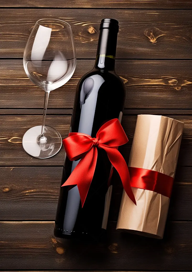 红酒及礼品盒，木桌上酒瓶的高角度贴有标签