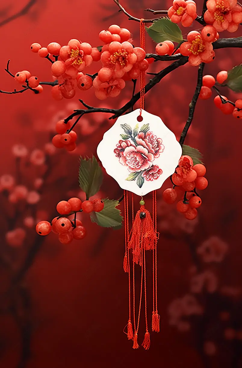 悬挂在梅花下面的中国结