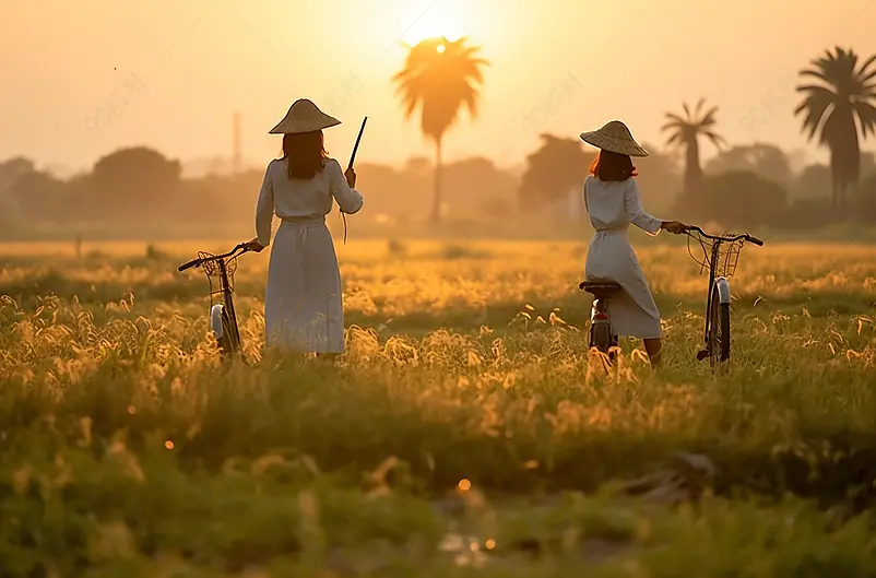 身穿越南民族服装的亚洲女性正骑着一辆背上有莲花的自行车