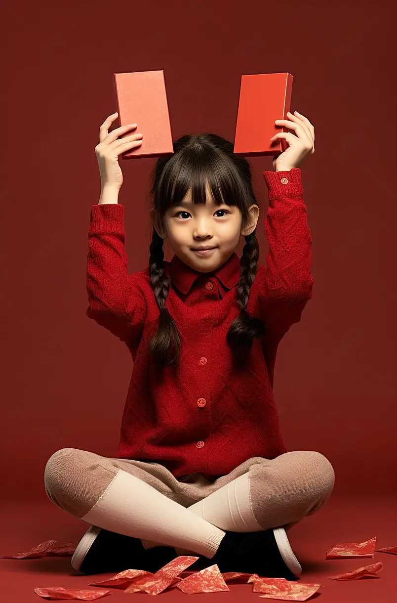 儿童庆祝春节系列：欢乐的小女孩抢春节红包