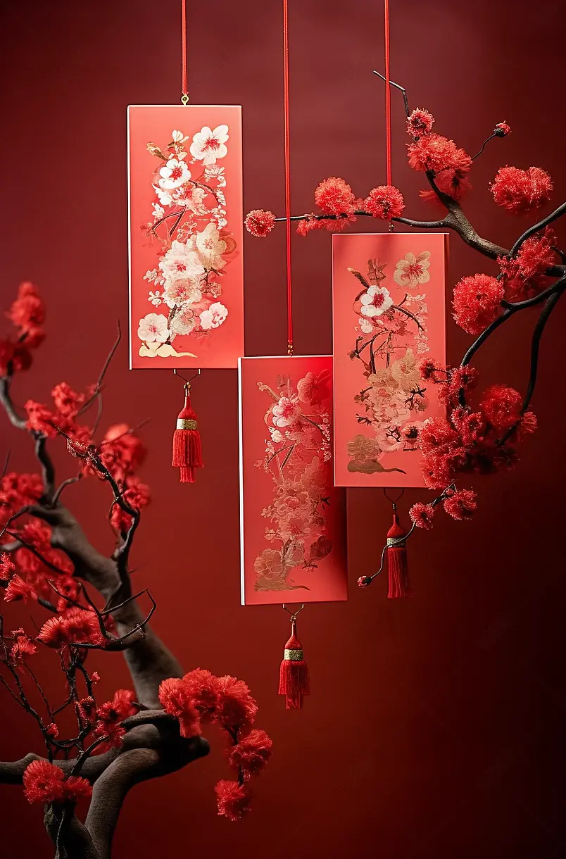 悬挂在梅花下面的红包