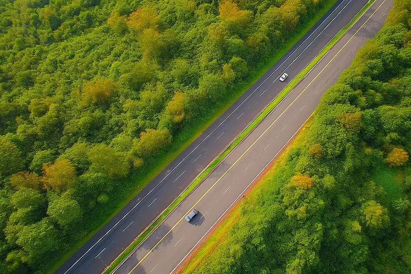 航拍树木环绕的高速公路清晰的摄影图高清的图片拍摄海报设计背景广告设计素材元素绿色树林树木交通咱路线公路