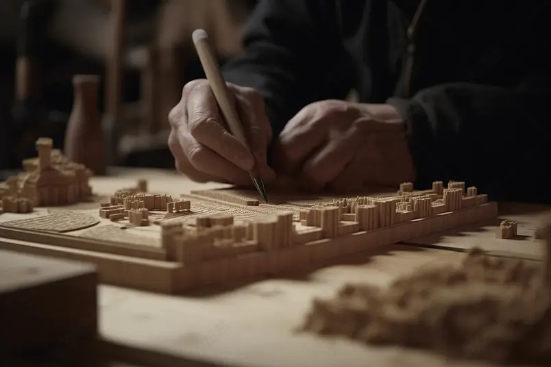 专注的木匠工人摄影实拍雕刻木头的工匠