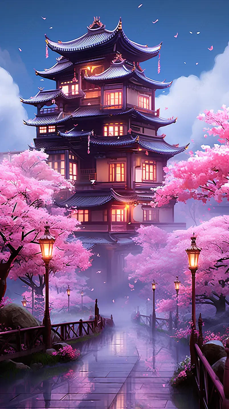 樱花包围的宫殿数字艺术