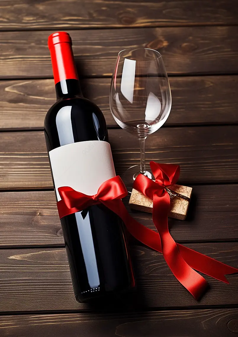 红酒及礼品盒，木桌上酒瓶的高角度贴有标签