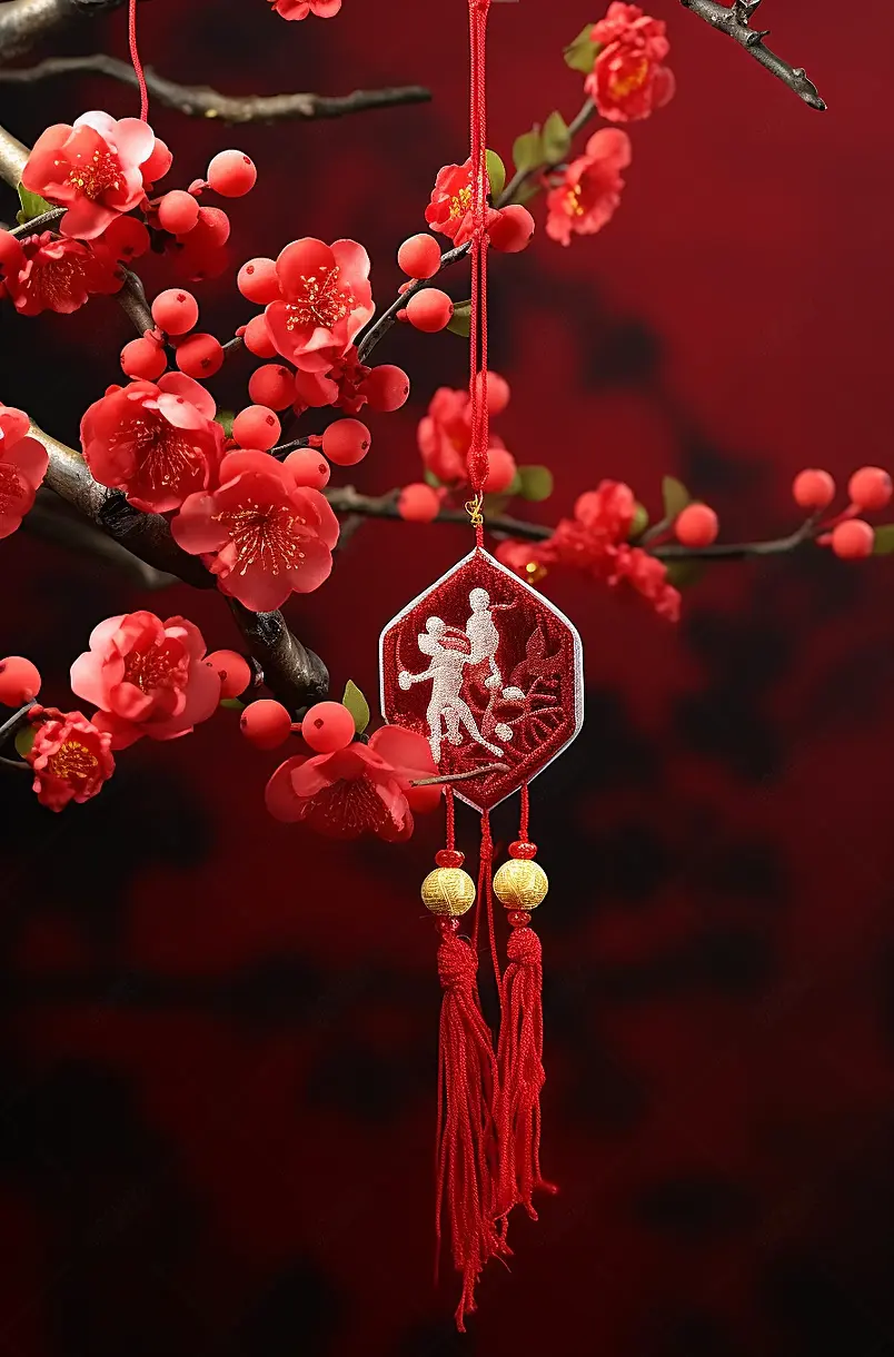 悬挂在梅花下面的中国结