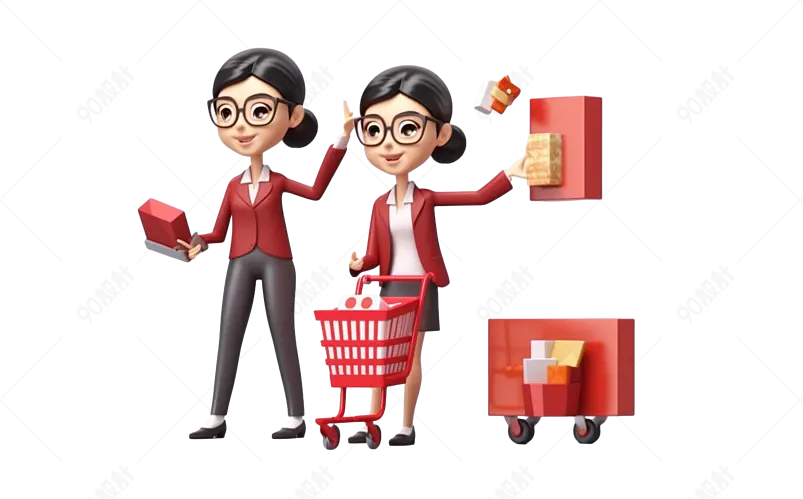 3D穿红裙子的女人商场购物买东西
