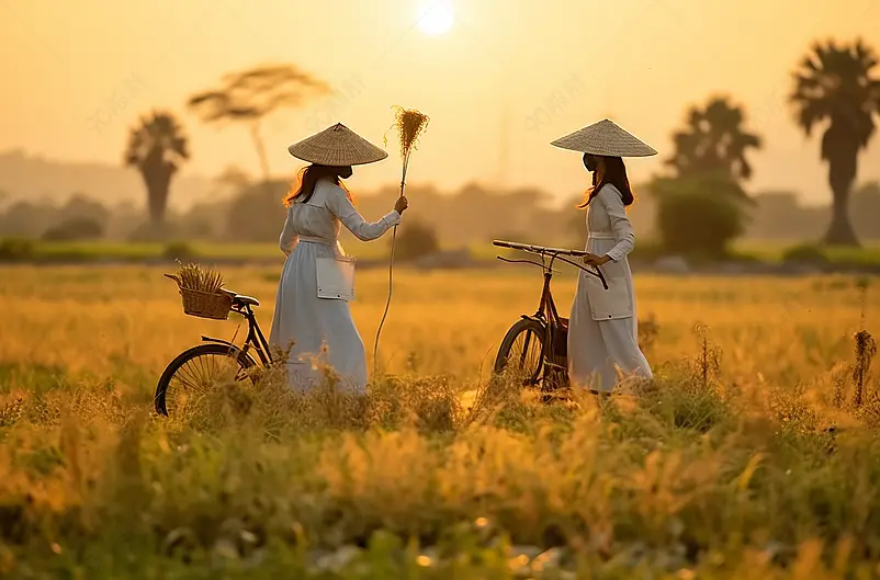 身穿越南民族服装的亚洲女性正骑着一辆背上有莲花的自行车