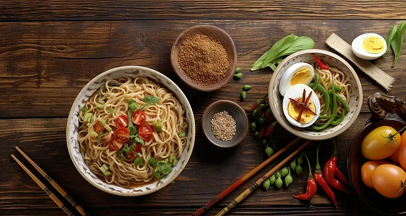 木桌上的早餐面食炸酱面武汉小吃面条摄影图