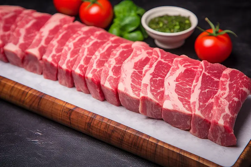 一排红色澳洲雪花牛肉片高清摄影图