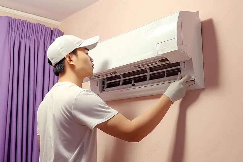 维修工人上门检查维修空调清晰的摄影图