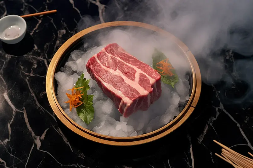 装着冰块的铜锅里有一大块新鲜的生牛肉