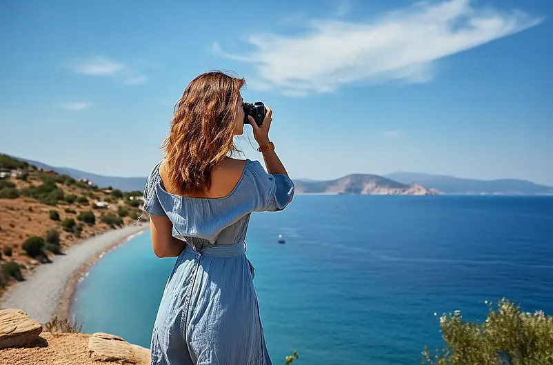 女人是一个专业的摄影师与单反相机