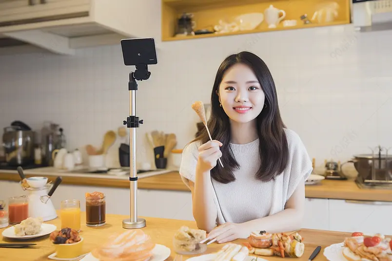 亚洲漂亮自信的女性直播分享美食的美食博主