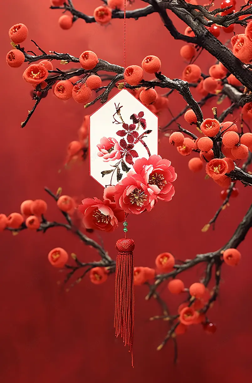 悬挂在梅花下面的中国结