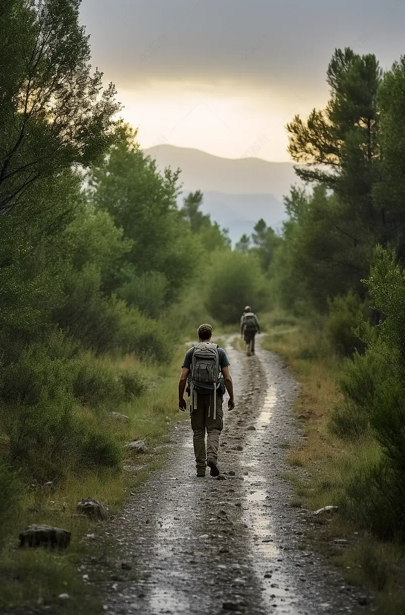 年轻的探险家公园护林员穿着绿色迷彩服和背包走在山林小路上