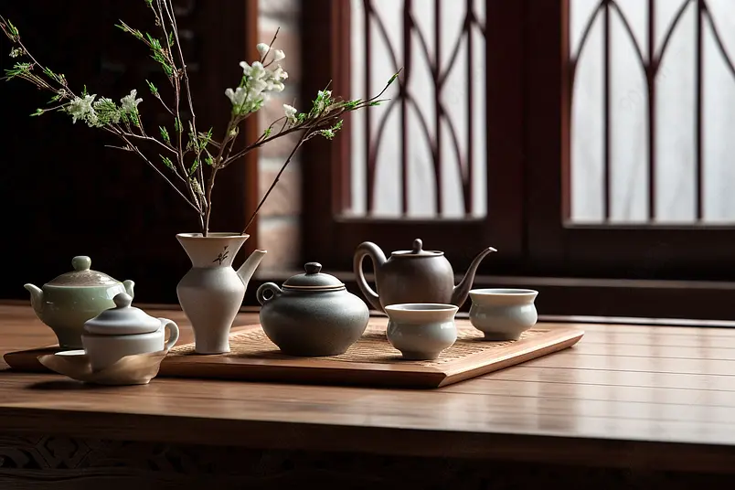 喝茶茶具桌面上的花瓶摆件实拍摄影图