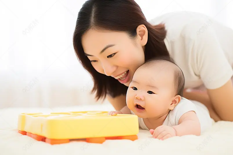 开心快乐母婴床上妈妈陪伴宝宝