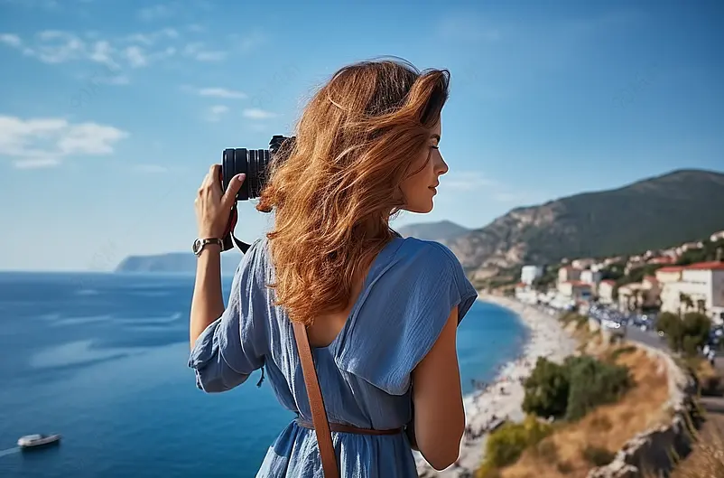 女人是一个专业的摄影师与单反相机