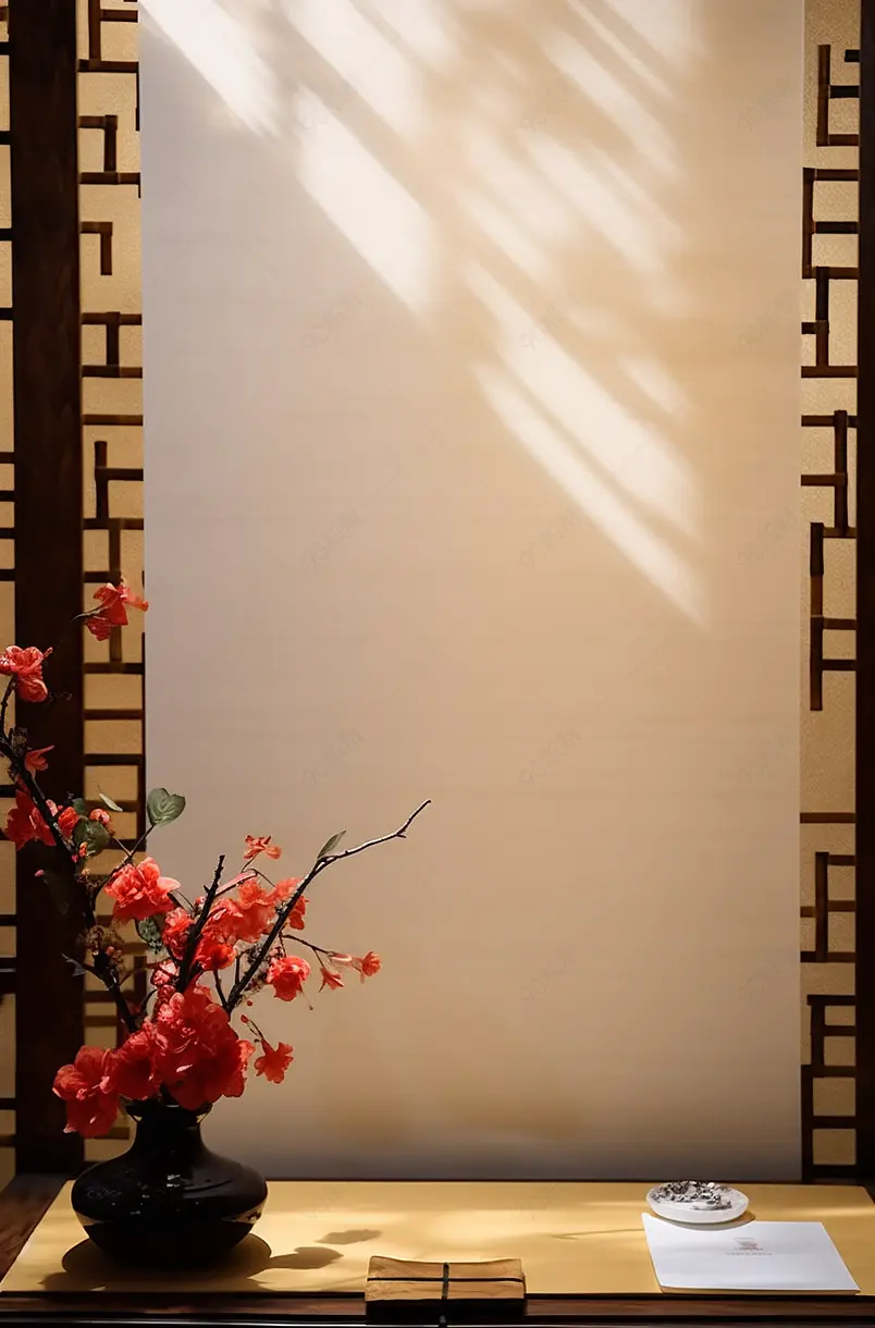 桌子上摆放的空白宣纸与毛笔